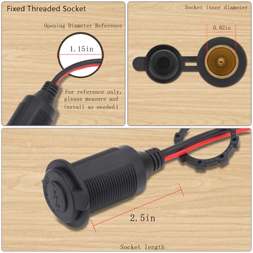 2pcs 1FT 12V/24V Fixed Thread Cigarette Lighter Socket Extension Cable Automotive Marine Waterproof Outlet Socket Replacement 13AWG Heavy Duty Cable with Spare Fuse 20A 30A - color: 1FT 2PCS