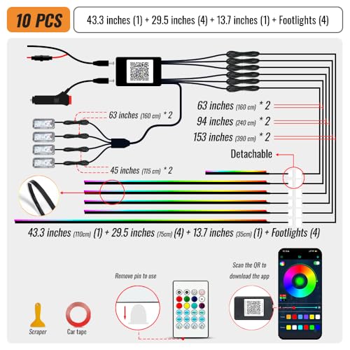 Ambient Lighting Car Led Lights Interior Kit,10 in 1 RGB Music Sync Acrylic Led Lights for Car Interior,175 inches Fiber Optic Neon Accent Strip Night Ambiance Footwell Lighting with Wireless APP - size: 10 in1(1*43.3inch+4*29.5inch+1*13.8inch+4*footwell