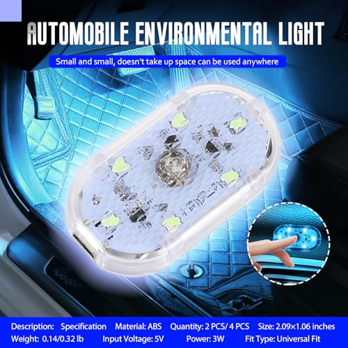 2 PCS Car LED Lights Interior Wireless, Super Bright Auto Interior Ambient Light with 6 Bright LED Lamp Beads, Portable USB Rechargeable Car Led Night Light for Vehicle Decor(Ice Blue)