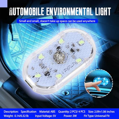 2 PCS Car LED Lights Interior Wireless, Super Bright Auto Interior Ambient Light with 6 Bright LED Lamp Beads, Portable USB Rechargeable Car Led Night Light for Vehicle Decor(Ice Blue)