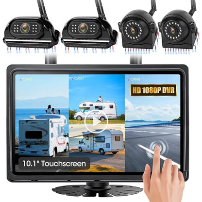 10.1" - 4 Magnetic Wireless RV Backup Camera System, 1080P DVR Touchscreen Rear Side Cameras for Monitoring, Compatible with Furrion Pre-Wired Plug, Night Vision Camera for Trailer Truck, A24 - size: 10.1" 4-CAM