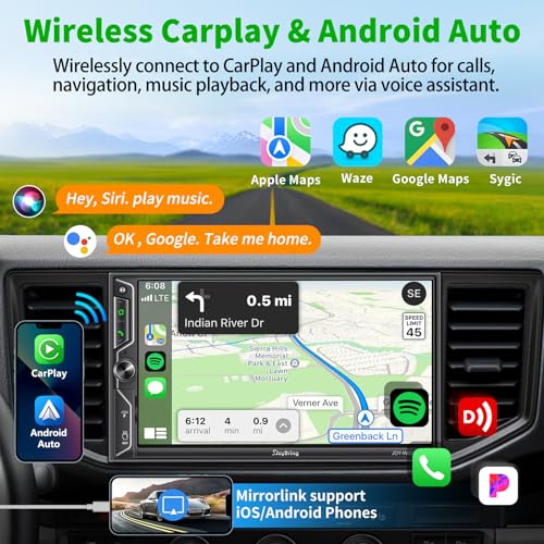 SJoyBring [QLED Screen Upgrade] 7" Double Din Car Stereo with Dash Cam, Wireless Apple CarPlay and Android Auto, Bluetooth, 240W 4.2-Channel Audio Output, MirrorLink, Backup Camera, AM/FM Car Radio - color: Black W021 with Dash Cam