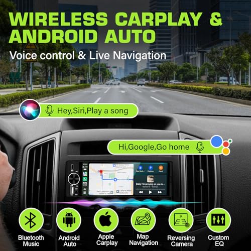 Single DIN Car Stereo with Wireless Apple CarPlay & Android Auto(Black)