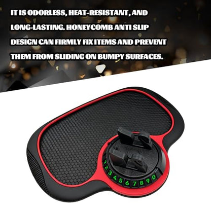 Multifunctional 3-in-1 Car Anti-Slip Dashboard Mat, Extra Large Anti Skid Pad with 360°Rotating Phone Holder & Temporary Parking Number, Universal Dash Organizer for Phones Sunglasses (Black & Red)