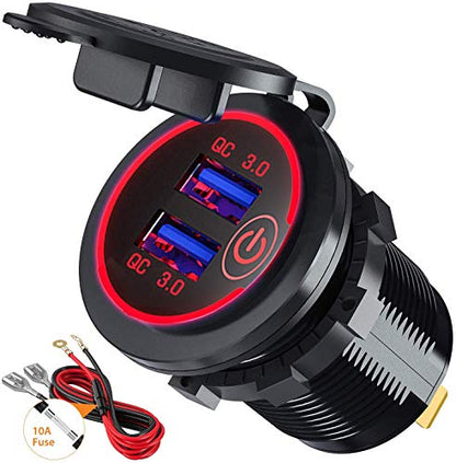 Quick Charge 3.0 Dual USB Car Charger Socket with Touch Switch 12V/24V 36W QC3.0 Dual USB Fast Charger Socket Power Outlet for Marine, Boat, Motorcycle, Truck, Golf Cart(Red) - color: Red