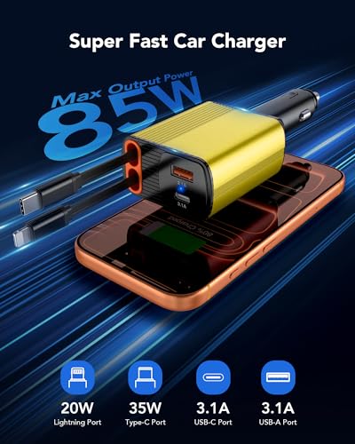 Retractable Car Charger, 4-in-1 Car Lightning Charger with USB-C & USB-A - color: Gold