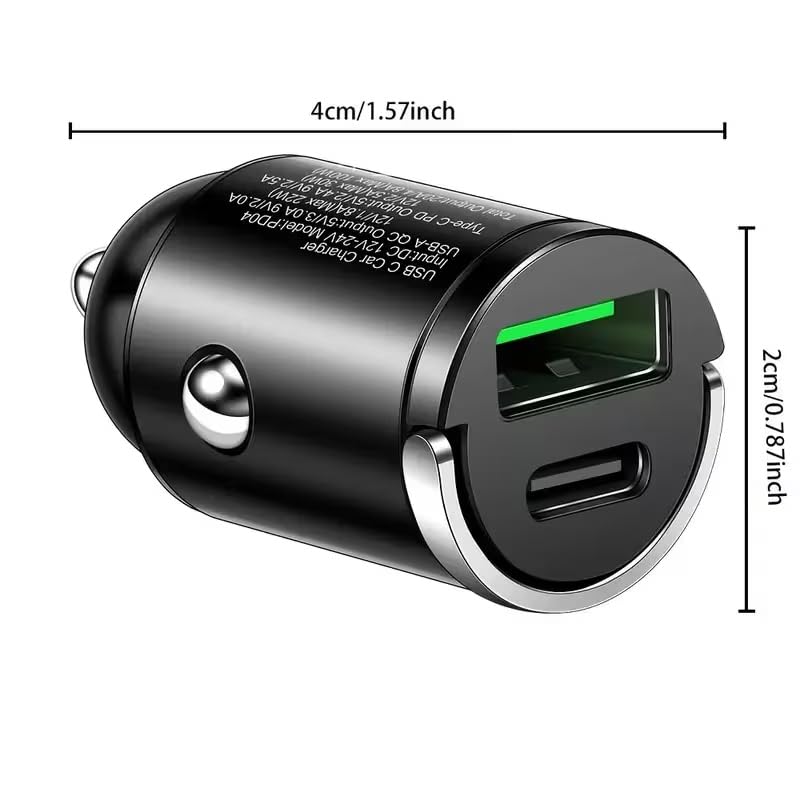 66W Car Fast Charger Dual USB-A USB-C Mini Metal Ring Design Stable Power Protection for Smartphones GPS Tachographs, Black