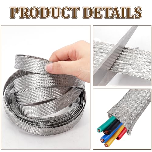 NBEADS 19.68ft 304 Stainless Steel Braided Cable Sleeve, 0.78 Inch Wide Stainless Steel Color Flat Tinned Braided Ground Wire Mesh, Flexible Shielding Sleeve for Cables - size: 19.68ft X 0.78 Inch