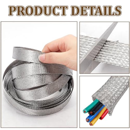 NBEADS 19.68ft 304 Stainless Steel Braided Cable Sleeve, 0.78 Inch Wide Stainless Steel Color Flat Tinned Braided Ground Wire Mesh, Flexible Shielding Sleeve for Cables - size: 19.68ft X 0.78 Inch