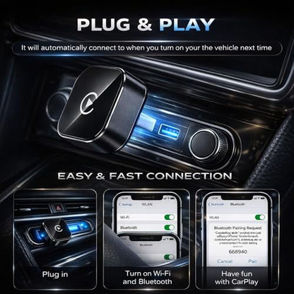 Wireless CarPlay Adapter for iPhone, Converts Wired to Wireless CarPlay, Plug & Play USB Dongle, Fast Auto Connect, Low Latency, Compatible with iOS & Factory CarPlay Cars