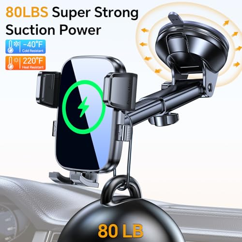 Coolpow Wireless Car Charger,15W Fast Charging for iPhone Wireless Charger【Military-Grade Stabilizing Arm Clamp】360° Adjustable Phone Holder Mount Car Phone Mount Charger for iPhone and Samsung Galaxy