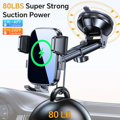 Coolpow Wireless Car Charger,15W Fast Charging for iPhone Wireless Charger【Military-Grade Stabilizing Arm Clamp】360° Adjustable Phone Holder Mount Car Phone Mount Charger for iPhone and Samsung Galaxy