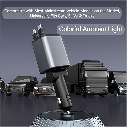 4-in-1 Retractable 30W Fast Car Charger, Dual USB-C Lightning Cable, 180° Adjustable Ambient Light 12V-24V