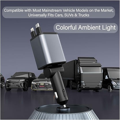 4-in-1 Retractable 30W Fast Car Charger, Dual USB-C Lightning Cable, 180° Adjustable Ambient Light 12V-24V