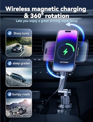 Cup Phone Holder Wireless Charger, Magnetic Phone Holder Car Wireless Charger, Fast Charging for iPhone 17/17 Air/17 Pro/17 Pro Max, Galaxy - Black - style: Magnetic Wireless Charger