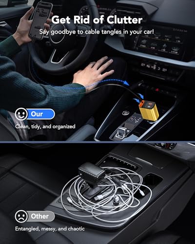 Retractable Car Charger, 4-in-1 Car Lightning Charger with USB-C & USB-A - color: Gold