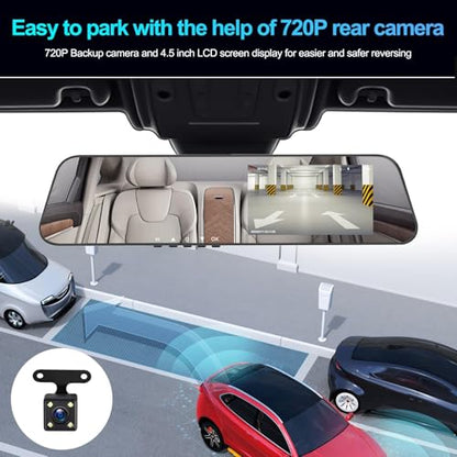 4 inch Mirror Dash Cam,1080P Rear View Mirror Camera for Cars,Dual Dash Cameras Front and Rear HD Night Vision,24H Parking Monitoring,Loop Recording, Motion Detection,Reversing Assistance,32GB TF Card