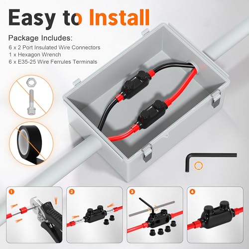 Joinfworld 2 Port Inline Splice Connector 1/0-14 AWG Aluminum to Copper Wire Connectors Insulated Wire Connectors Wire Splice Connector with Slotted Allen Hex - 6Pack - size: 1/0-14 AWG