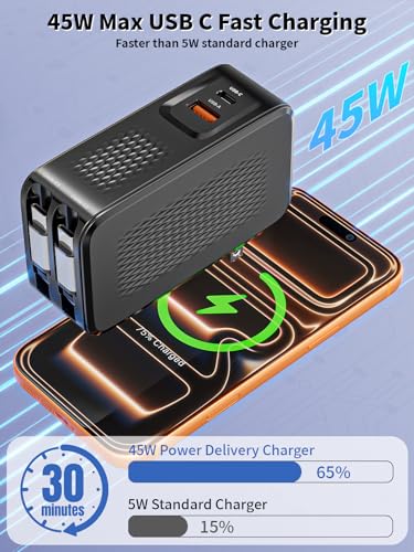 4 in 1 Retractable Phone Charger Wall Plug,45W Fast USBC Charging Adapter with 3.3FT Retractable USB C Cables,Foldable Charger Block with USB C and USB A Ports for iPhone 17/16/15/14,iPad,Galaxy,Pixel