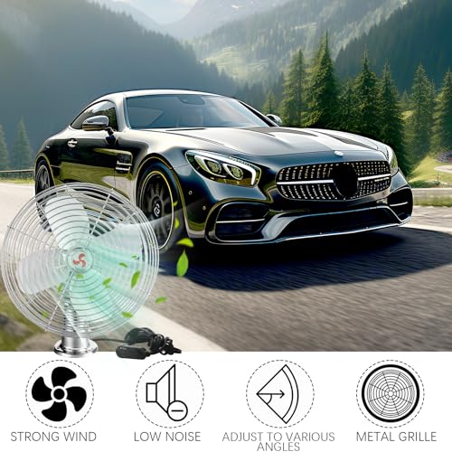Tujoe 2 Pcs 12V Car RV Cooling Fan with 2 Speed Switch Heavy Duty Metal Fans with Cigarette Lighter for Cars Trucks Van RV Boat and Buses(8 Inch,Silver) - color: Silver