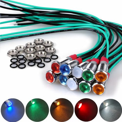 10Pcs AC 110V-220V LED Indicator Light 6mm Waterproof Metal Wide Flat Head Signal Lamp Pilot Dash Directional with Wire (White Red Yellow Blue Green)*2 - color: Mix, size: 6mm / 110V-220V