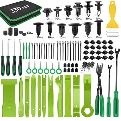 GOOACC 330Pcs Trim Removal Tool, Auto Push Pin Bumper Retainer Clip Set Fastener Terminal Remover Tool Adhesive Cable Clips Kit Car Panel Radio Removal Auto Clip Pliers, Green - color: 330Pcs Clips Removal Kit Green
