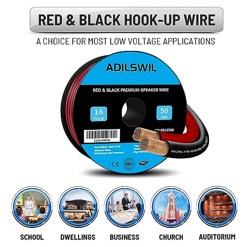 16AWG 50FT Speaker Wire, 2 Conductors Electrical Red Black Cable Hookup LED Lighting Strips Flexible Wire Extension Cord 16 Gauge Copper Clad Aluminum Copper Wire 12V/24V DC Cable - size: 16AWG 50FT CCA