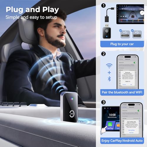 CZOCPOS Wireless Carplay Adapter for iPhone, 2 in 1 Plug and Play Mini CarPlay and Android Auto Adapter for iOS 10 Android 11 and Above, Convert Wired Car Play to Wireless (Black) - color: Black
