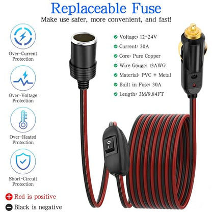 XMSJSIY Cigarette Lighter Extension Cord 14AWG 12V-24V - 3M/9.84FT