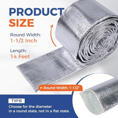Automotive Aluminum Heat Shield Sleeve Wrap Wire Up to 485 °F, Cable Heat Shield Fire Sleeve Heat Resistance Silver Inner Diameter (1-1/2"-14ft) - size: 1-1/2"-14ft