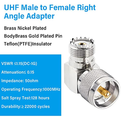 MOOKEERF PL259 Male to UHF Female Right Angle Adapter, 2-Pack UHF Male to SO239 Female L Shape 90 Degree RF Coax Connector CB Radio Connectors