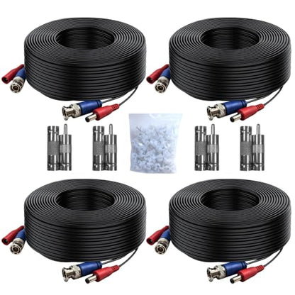 4 Pack 33ft (10M) BNC Video Cable Wire, 4mm Thickened Security Camera Extension Cable, All-in-One Siamese CCTV Power Cable for DVR, Includes 8 BNC Connectors & 100 Cable Clips - size: 33ft