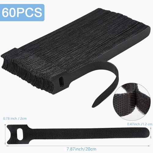 Nettbe Reusable Cable Ties, 60 PCS 8 Inches Adjustable Cord Straps Wire Organizer Cord Wrap and Hook Loop Cable Management (Pack of 2) - size: 8inches-60PCS (Pack of 2)