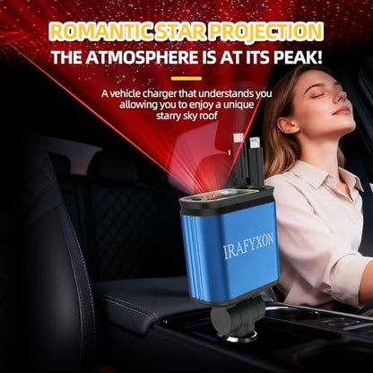 Retractable Car Charger with 31-Inch Cables 4 in 1 Fast Car Charger USB C Car Adapter with Starry Sky Light for iPhone 17 16 15 14 Car Accessories Gifts for Men Women Drivers (Blue) - color: BLUE