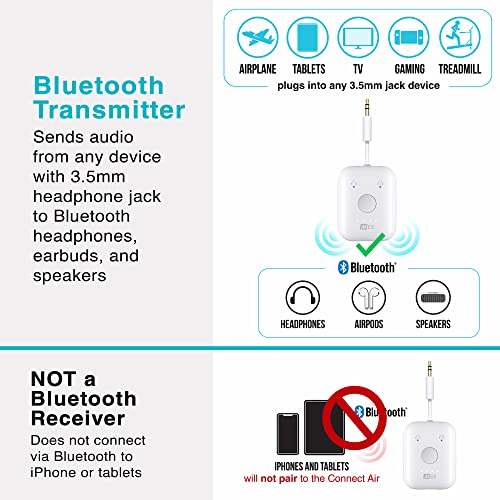 MEE audio Connect Air in-Flight Bluetooth Wireless Audio Transmitter Adapter for up to 2 AirPods / Other Headphones; Works with All 3.5mm Aux Jacks on Airplanes, Gym Equipment, TVs, & Gaming Consoles - color: White, style: Connect Air