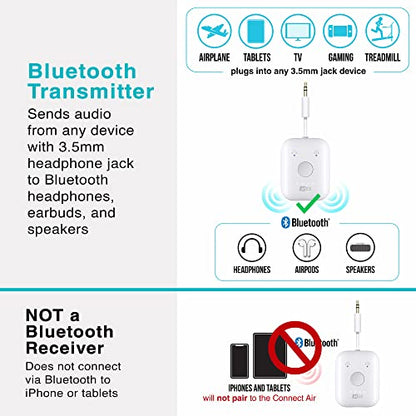 MEE audio Connect Air in-Flight Bluetooth Wireless Audio Transmitter Adapter for up to 2 AirPods / Other Headphones; Works with All 3.5mm Aux Jacks on Airplanes, Gym Equipment, TVs, & Gaming Consoles - color: White, style: Connect Air