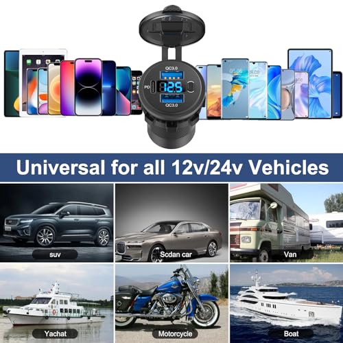 Hapytrip 12 Volt USB Outlet Dual Quick Charge 3.0 Port and PD3.0 USB C Car Battery Chargers Socket, Waterproof 12V Power Outlet Cigarette Lighter Replacement DIY Kit with Voltmeter and Switch for Boat - color: pack of one