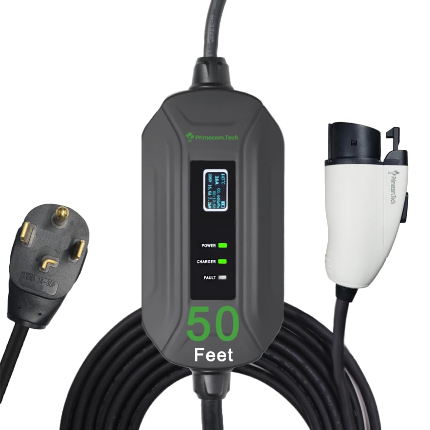 PRIMECOM Level 2 Electric Vehicle (EV) Charger (220V / 240Volt, 16Amp) Portable EVSE Smart Electric Car Charger, 30', 40', and 50 Feet Lengths (NEMA 14-30P, 50 Feet) - color: 14-30P, size: 50 Feet