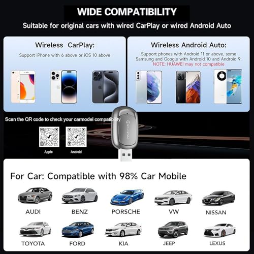 2-in-1 Wireless CarPlay Adapter & Android Auto for Apple iPhone, 2026 Upgrade Mini Bluetooth Dongle Convert Wired to Wireless, Plug & Play, USB A & Type C for 2016+ Cars, iOS 10+,Android 11+