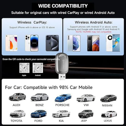 2-in-1 Wireless CarPlay Adapter & Android Auto for Apple iPhone, 2026 Upgrade Mini Bluetooth Dongle Convert Wired to Wireless, Plug & Play, USB A & Type C for 2016+ Cars, iOS 10+,Android 11+