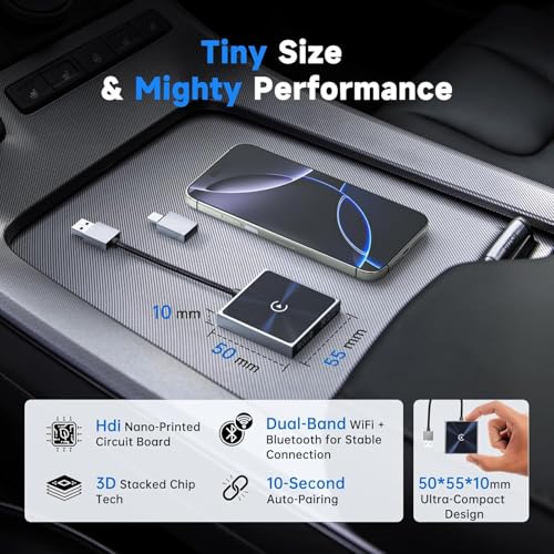 Wireless CarPlay Adapter for iPhone, Super mini Compact 2-in-1 Dongle for Apple iOS 10+, Convert Wired to Wireless CarPlay, Instant Connectivity, Fit for Cars from 2016 with Built-in CarPlay