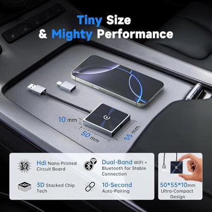 Wireless CarPlay Adapter for iPhone, Super mini Compact 2-in-1 Dongle for Apple iOS 10+, Convert Wired to Wireless CarPlay, Instant Connectivity, Fit for Cars from 2016 with Built-in CarPlay