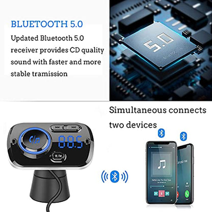 FM Transmitter Bluetooth 5.0 Hands-Free Car Kit with Quick Charge QC 3.0 Car Radio Adapter with Microphone CVC Noise Reduction