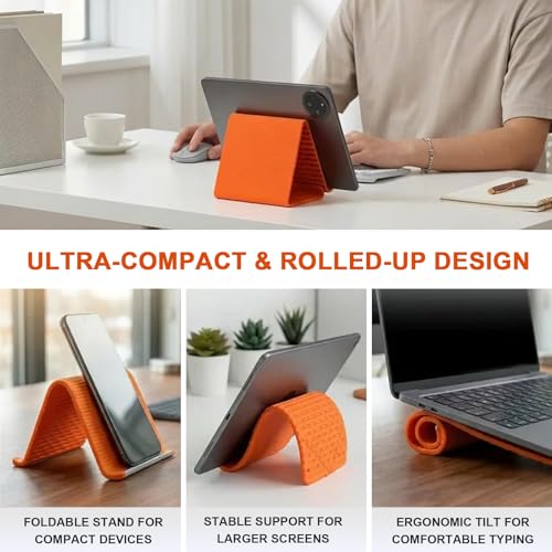 Flexible Silicone Phone Holder & Silicone Phone Stand, Bendable Airplane Travel Stand for Phone Tablet Laptop, Foldable Multi-Angle Desktop Mount with Bonus 360° Magnetic Ring Holder, Orange