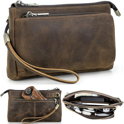 Electronic Organizer Zipper Bag Tech Kit, Top Grain Leather Handmade, Portable Compact Travel Apple Accessories Storage Pouch Fits Phone, USB Cables, Power Banks, Chargers, Hard Drive - color: Vintage Dark Brown -【Fits Apple Accessories】- 2