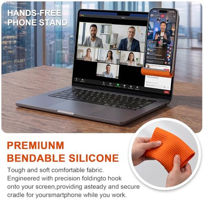 Flexible Silicone Phone Holder & Silicone Phone Stand, Bendable Airplane Travel Stand for Phone Tablet Laptop, Foldable Multi-Angle Desktop Mount with Bonus 360° Magnetic Ring Holder, Orange