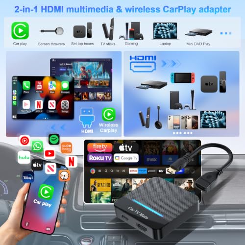 2-in-1 Car TV Mate Pro—Wireless CarPlay Adapter & HDMI Multimedia Adapter for TV Stick Converter/Game Consoles/Set-Top Box/Screen Mirroring, Plug & Play HDMI Cars T V Dongle Compatible Cars from 2016