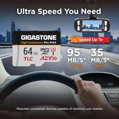 【5 Yrs Free Data Recovery】【Dash Cam】 GIGASTONE 64GB Micro SD Card, TLC High Endurance Pro MAX, Speed Up to 95MB/s, Compatible with REDTIGER Rove VIOFO VANTRUE PRUVEEO, MicroSDXC UHS-I A2 V30 U3 - color: 64GB High Endurance Pro MAX 1-Pack