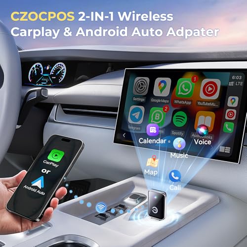 CZOCPOS Wireless Carplay Adapter for iPhone, 2 in 1 Plug and Play Mini CarPlay and Android Auto Adapter for iOS 10 Android 11 and Above, Convert Wired Car Play to Wireless (Black) - color: Black