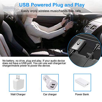 Bluetooth Car Adapter, Mini Bluetooth 5.0 Stereo Transmitter Receiver, Wireless 3.5mm Aux Jack Hands-Free Calls Kit Audio Adapter Built-in Mic for Car Speaker, Home Stereo, Headphones, PC,TV More